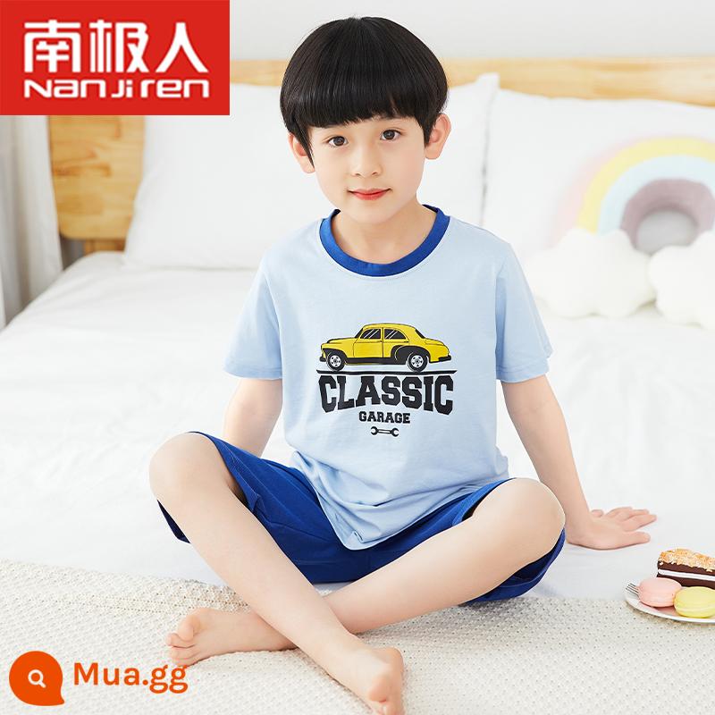 Bộ đồ ngủ trẻ em bé trai cotton ngắn tay mùa hè phần mỏng bé trai 12-15 tuổi trung và lớn phù hợp với dịch vụ gia đình mùa hè - Xe tay ngắn màu xanh