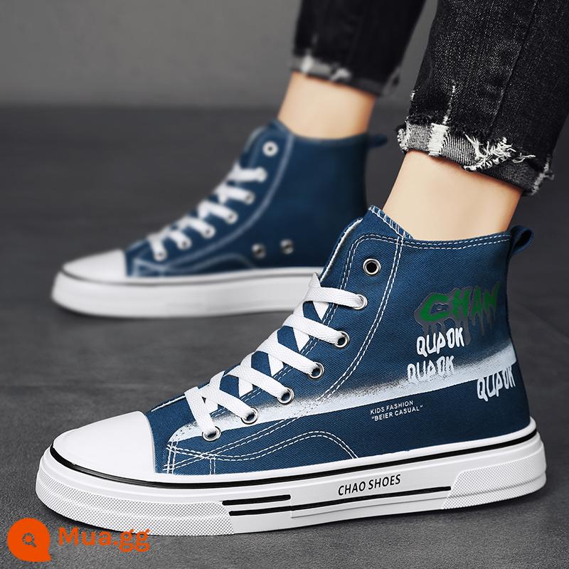 Mùa đông cao giày vải nam giản dị hợp thời trang giày denim giày trượt ván quốc triều cao đường phố Mỹ hiphop giày trượt ván - màu xanh da trời