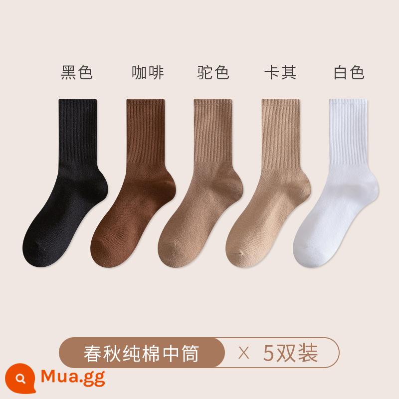 Vớ vào vớ mùa thu và mùa đông, vớ phụ nữ cotton, vớ cotton dài, phụ nữ mùa đông, chất khử mùi của phụ nữ - [5 đôi] đen + cà phê + lạc đà + kaki + trắng