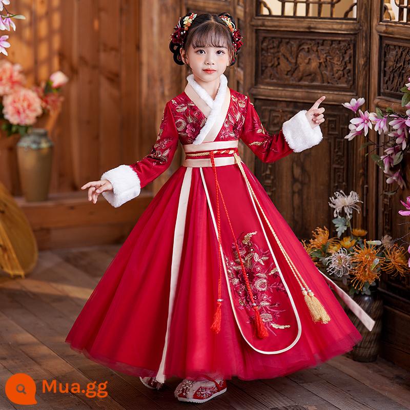 Hanfu Girls Mùa đông Tết nguyên đán Phong cách Trung Quốc Tang Suit màu đỏ Quần áo đêm giao thừa cho bé Quần áo mùa đông năm mới Trang phục cổ của trẻ em Mùa đông - SL2574 váy nhung đỏ