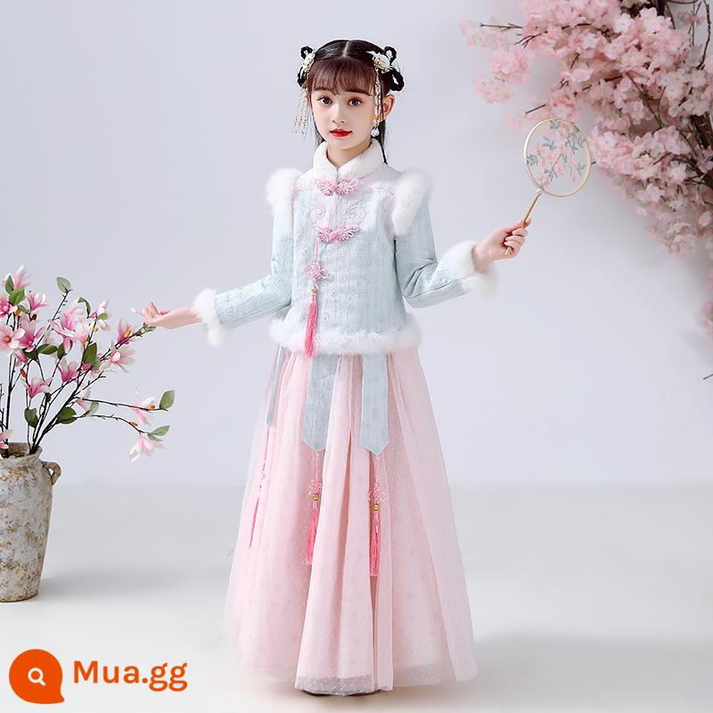 Bé Gái Hanfu Mùa Đông Siêu Cổ Tích Trẻ Em Thu Đông Công Chúa Cổ Đầm Quần Áo Trẻ Em Bé Gái Phong Cách Trung Hoa Đường Phù Hợp Với Quần Áo Mùa Đông - màu xanh hồng sang trọng