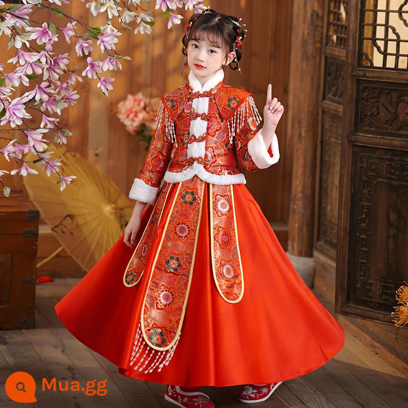 Hanfu Girls Mùa đông Tết nguyên đán Phong cách Trung Quốc Tang Suit màu đỏ Quần áo đêm giao thừa cho bé Quần áo mùa đông năm mới Trang phục cổ của trẻ em Mùa đông - SL2552 màu đỏ cộng với nhung