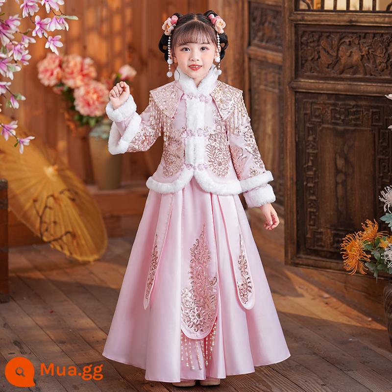 Trang phục mùa đông Hanfu cho bé gái Lời chào năm mới mùa đông mới cho trẻ em Bộ đồ nhà Đường phong cách Trung Hoa Quần áo năm mới cho bé gái Quần áo mùa thu đông - A472 hồng nhung