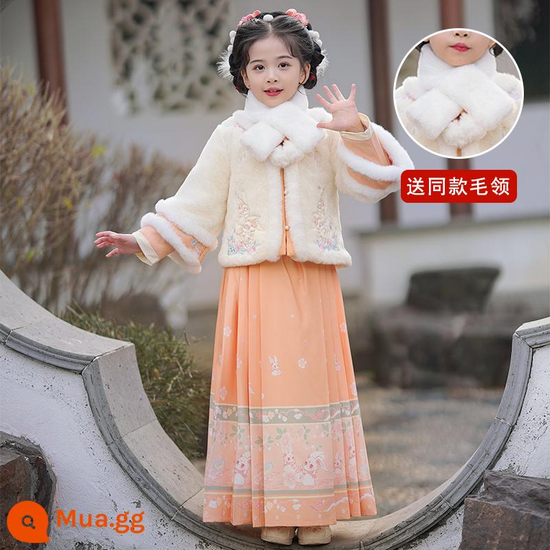 Hanfu bé gái mùa đông dày nhà Minh làm váy ngựa phù hợp với mùa đông 2023 trẻ em mới Tang phù hợp với lời chào năm mới mùa thu đông - Màu cam + Cổ áo lông cùng kiểu