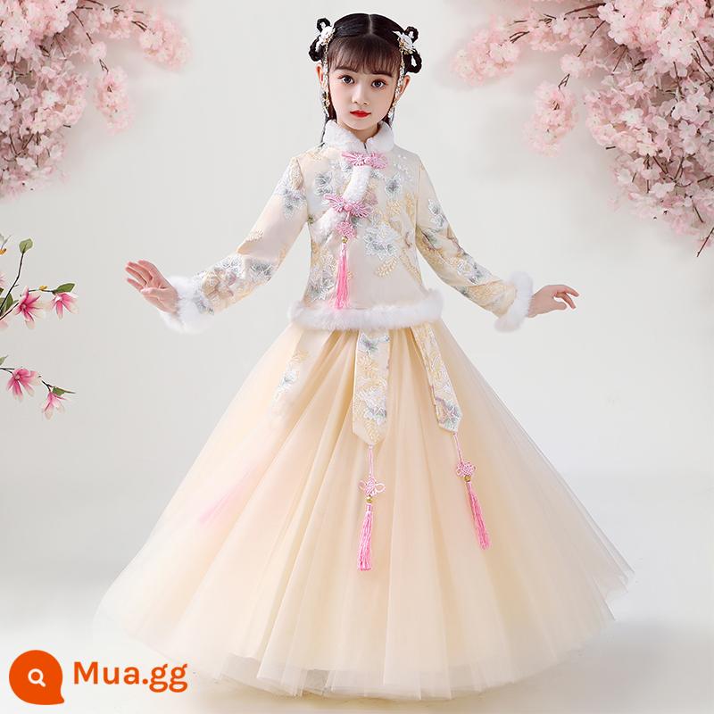 Váy Hanfu trẻ em cho bé gái mùa thu và mùa đông Cổ áo mùa thu Váy mùa đông siêu cổ tích Quần áo trẻ em phong cách Trung Hoa Bộ đồ mùa đông cho bé gái Tang - Champagne cộng với nhung