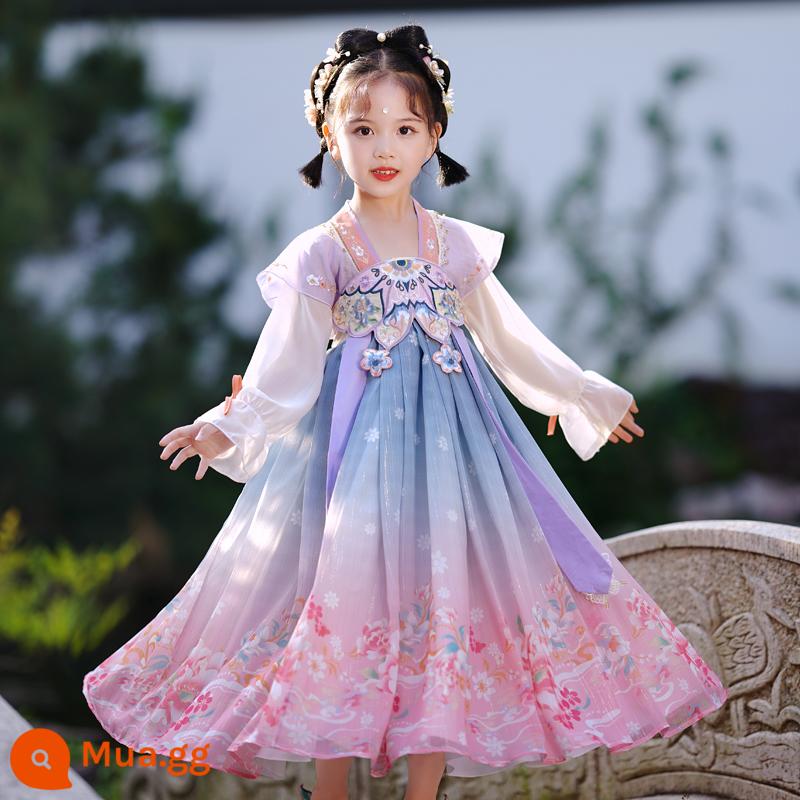 Hanfu Bé Gái Quần Áo Mùa Hè Trẻ Em Cổ Quần Áo Mùa Hè Phong Cách Trung Hoa Siêu Tiên Đường Phù Hợp Với Đồ Cổ Công Chúa Bé Gái Mùa Hè - Tay áo dài màu tím