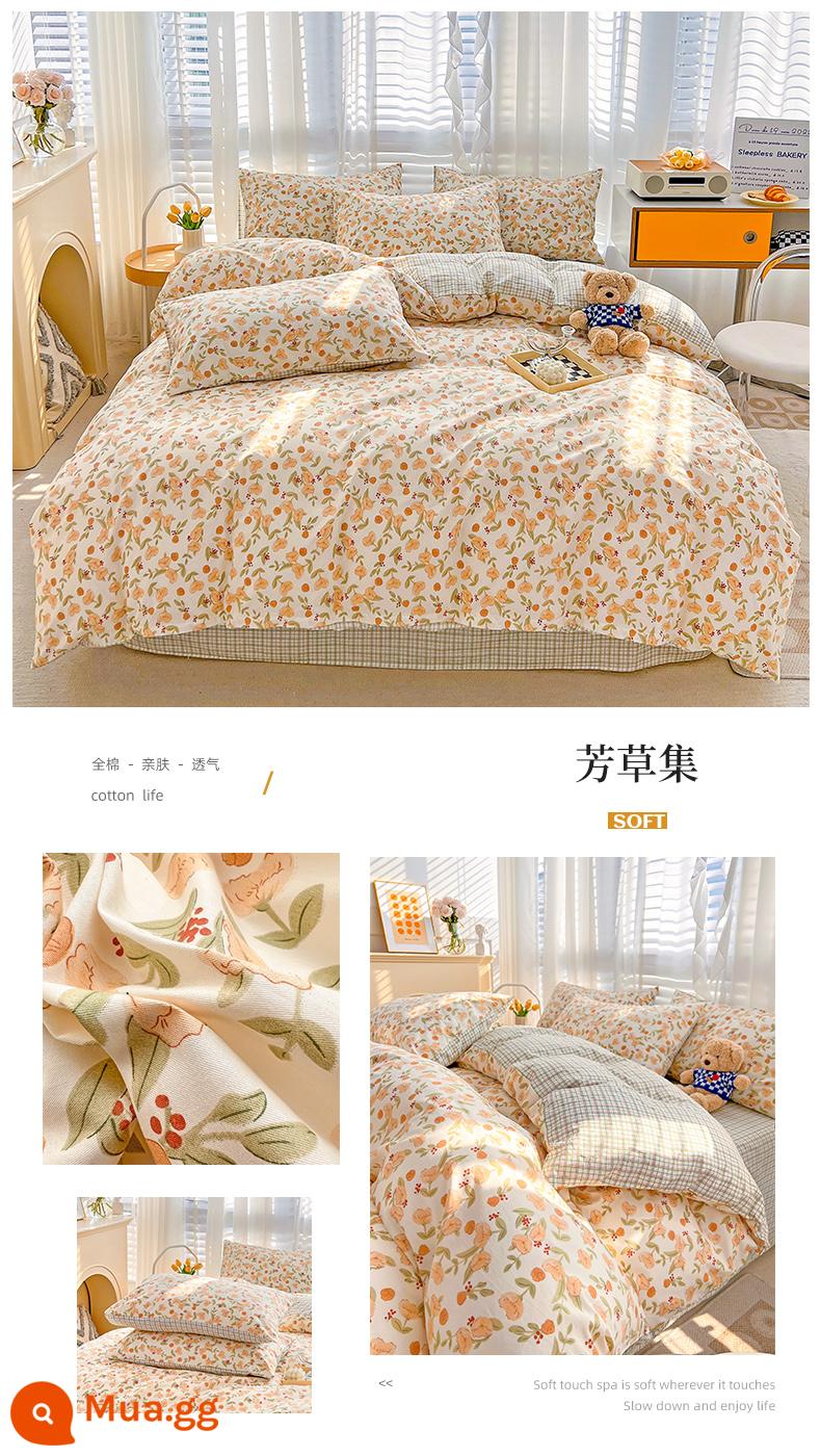 Ins nhỏ cotton tươi 4 món mùa đông 100 ký túc xá sinh viên giường nữ ga trải giường chăn ga gối 3 43 - Fangcaoji [bông nguyên chất tươi nhỏ, không vón cục và không phai màu]