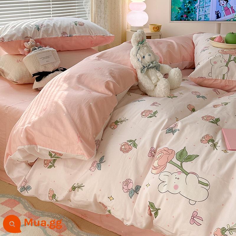 Hoạt Hình Bộ 4 Món Cotton 100 Cotton Vỏ Chăn Ga Giường Lưới Đỏ Ký Túc Xá Sinh Viên Giường 3 Món Bộ Vỏ Chăn Ins Phong Cách - Thỏ hồng hồng [bông]