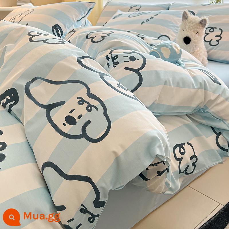 Bộ bốn mảnh giường cotton nguyên chất hoạt hình 100 cotton dễ thương Bộ đồ giường trẻ em ký túc xá sinh viên Khăn trải giường và vỏ chăn Bộ ba mảnh 4 - Chú chó sọc vui vẻ màu xanh [100% cotton]