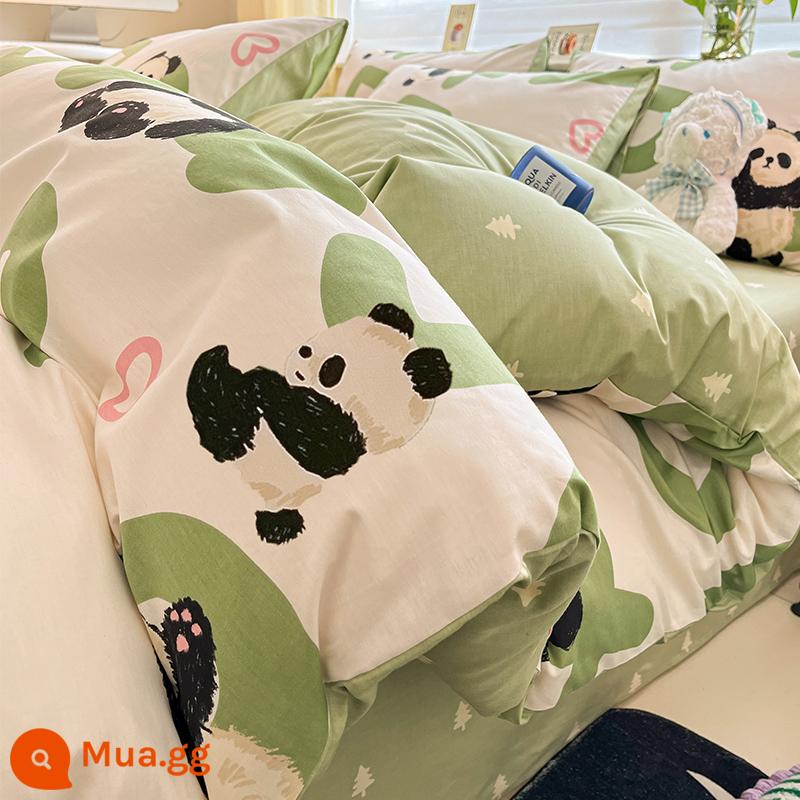 Bộ bốn mảnh giường cotton nguyên chất hoạt hình 100 cotton dễ thương Bộ đồ giường trẻ em ký túc xá sinh viên Khăn trải giường và vỏ chăn Bộ ba mảnh 4 - Thư Panda [100% cotton]