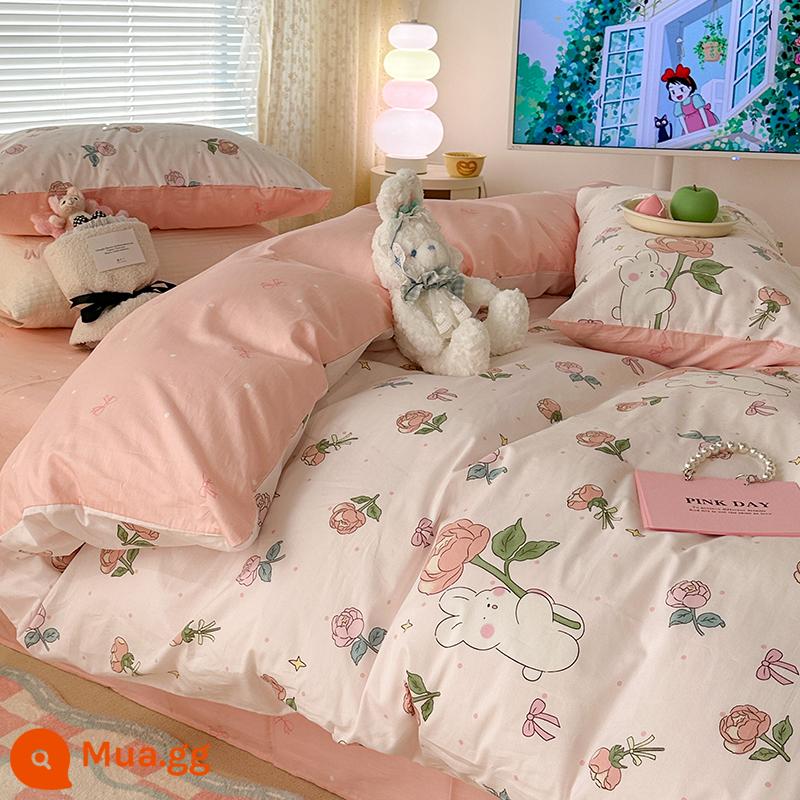 Giường cotton nguyên chất bộ 4 món 100 cotton chăn ga gối đệm phong cách công chúa ký túc xá 3 món ga trải giường mục vụ hoa vỏ chăn 4 - Thỏ Hồng Hồng [100% cotton thân thiện với da]