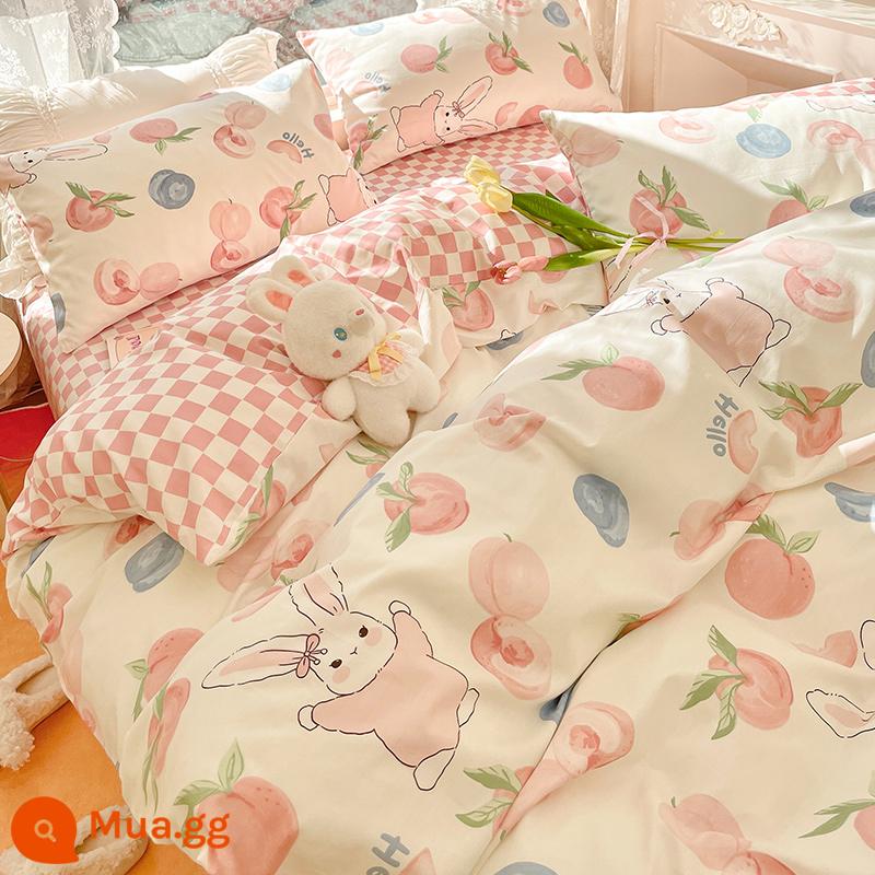 Hoạt Hình Bộ 4 Món Cotton 100 Cotton Vỏ Chăn Ga Giường Lưới Đỏ Ký Túc Xá Sinh Viên Giường 3 Món Bộ Vỏ Chăn Ins Phong Cách - Đào Thỏ [bông]