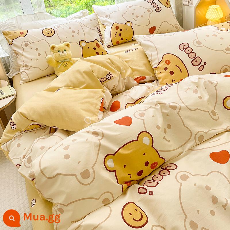 Hoạt Hình Bộ 4 Món Cotton 100 Cotton Vỏ Chăn Ga Giường Lưới Đỏ Ký Túc Xá Sinh Viên Giường 3 Món Bộ Vỏ Chăn Ins Phong Cách - Gấu Nhỏ [bông]