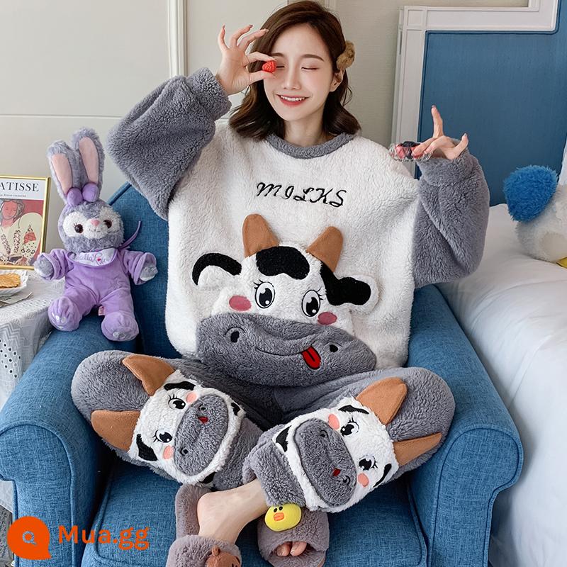 Phụ nữ san hô nhung pyjamas mùa thu và mùa đông dày lên và nhung thiếu niên mùa đông được rót mũ trùm đầu hoạt hình lớn - F884