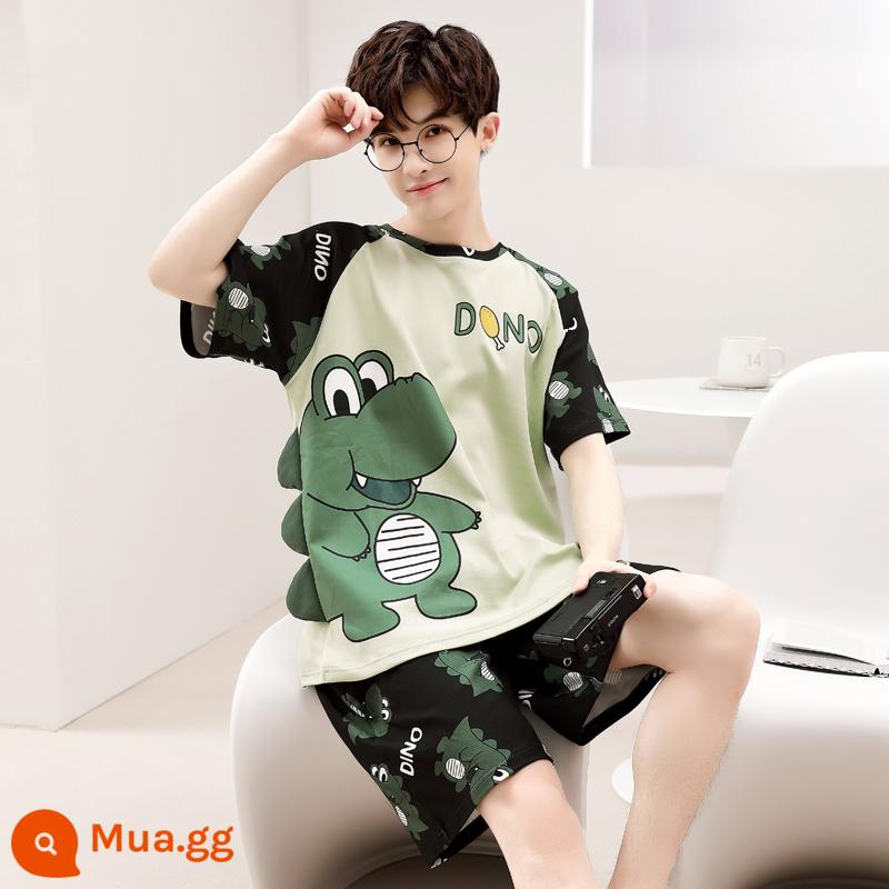 Bộ đồ ngủ nam cotton mùa hè tay ngắn hoạt hình trẻ trung mùa hè mỏng phần cotton phục vụ tại nhà phù hợp với sinh viên - Khủng long N2025