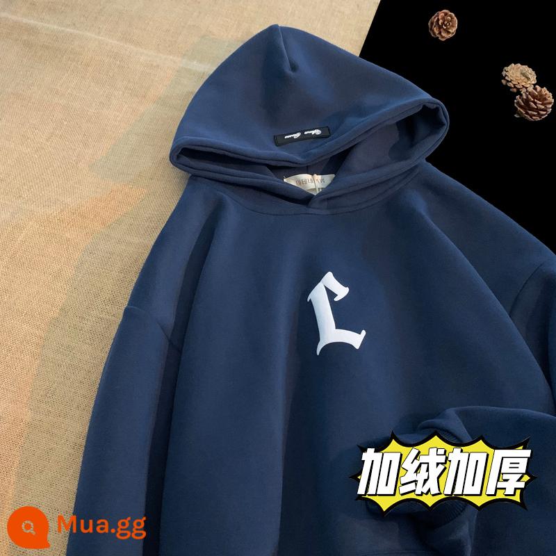 Nặng Hoodie Nam Thu Đông 2022 Mới Plus Nhung Dày Triều Thương Hiệu Cặp Đôi Mỹ Rung Cảm Áo Khoác Retro - Màu xanh hải quân (cộng với nhung)