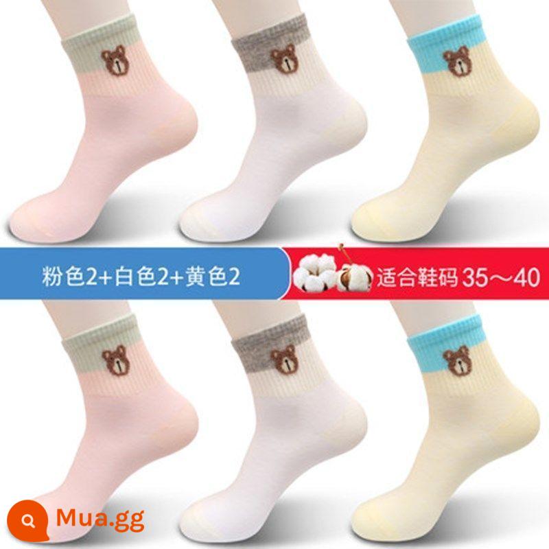 Tất cotton 100% nguyên chất cho nữ, vớ cotton dài đến bắp chân phong cách Hàn Quốc bốn mùa thời trang và dễ thương cho nữ hoạt hình mùa thu đông tất cotton cho mùa thu - 6 đôi - 2 hồng, 2 trắng, 2 vàng, cotton nguyên chất, không hôi chân