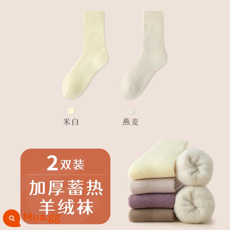 Tất len ​​cashmere dành cho nữ trong mùa thu đông Tất len ​​dài đến bắp chân dày dặn và ấm áp Tất cotton nguyên chất không xương giữ ấm mùa đông cộng với tất nhung - [2 đôi/vải cashmere mềm thân thiện với da] màu trắng nhạt + bột yến mạch