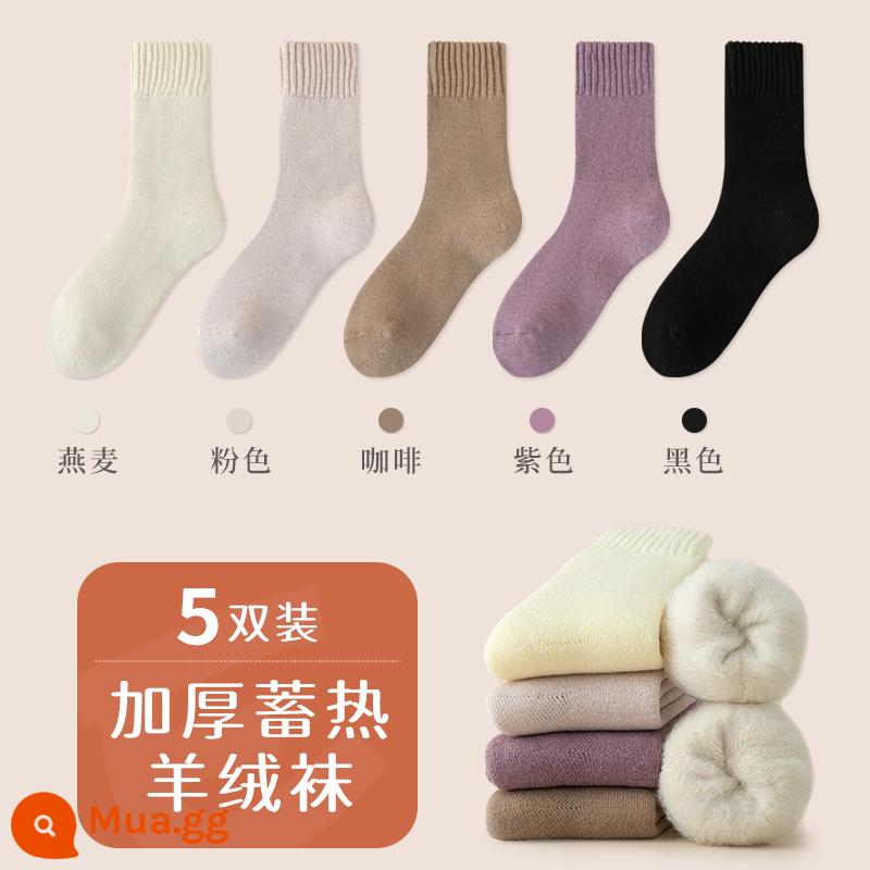 Tất len ​​cashmere dành cho nữ trong mùa thu đông Tất len ​​dài đến bắp chân dày dặn và ấm áp Tất cotton nguyên chất không xương giữ ấm mùa đông cộng với tất nhung - [5 đôi/loại cashmere mềm thân thiện với da] Bột yến mạch + hồng + cà phê + tím + đen