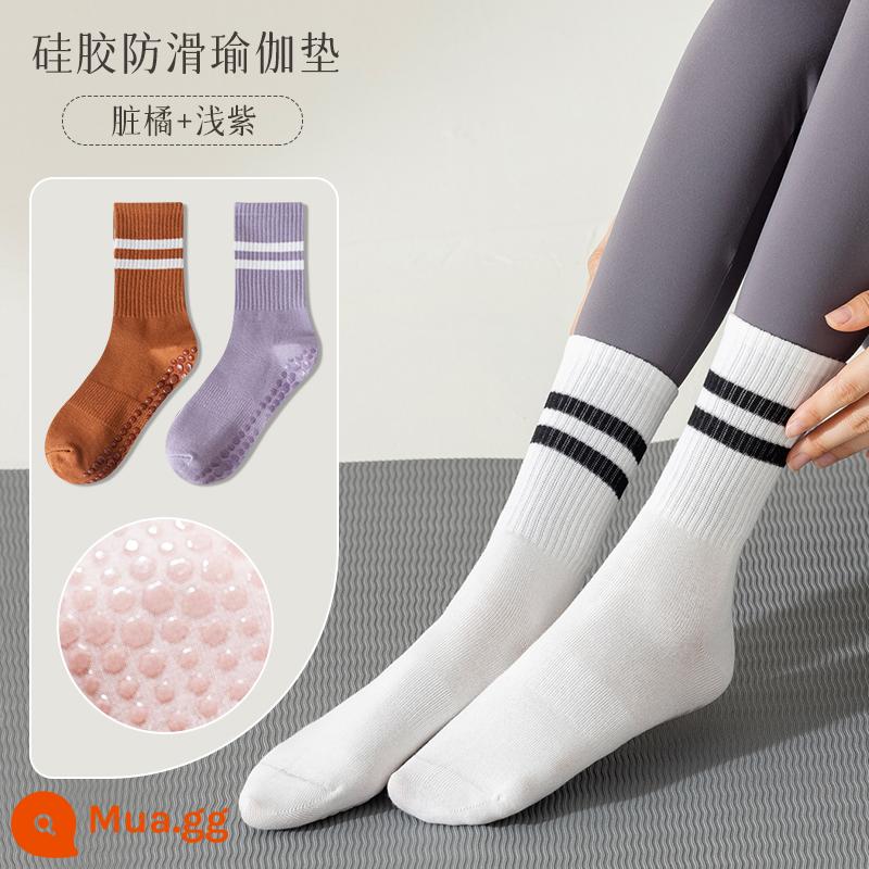 Tất Tập Yoga Nữ Giữa Ống Tất Cotton Thu Đông Thể Dục Khiêu Vũ Pilates Chuyên Nghiệp Chống Trơn Trượt Thể Thao Người Lớn Tầng tất - [2 đôi] cam bẩn + tím nhạt