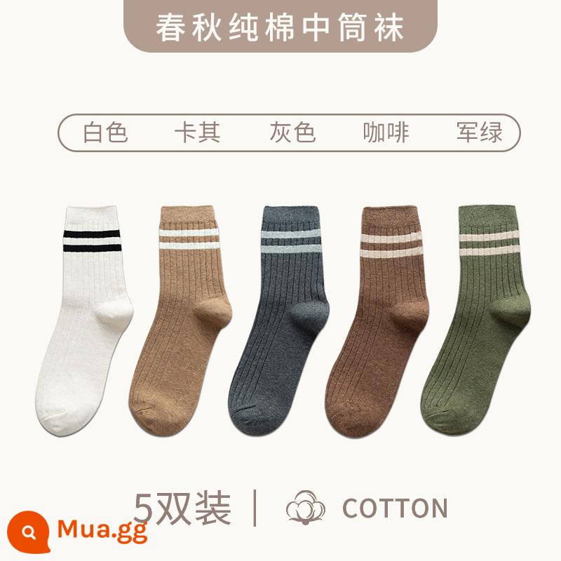 Vớ nam ống giữa mùa đông vớ cotton nguyên chất khử mùi thấm hút mồ hôi thể thao ống dài thu đông plus vớ dày nhung vớ cotton nam - "5 đôi" trắng + kaki + xám + cafe + xanh bộ đội