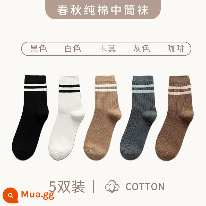 Vớ nam ống giữa mùa đông vớ cotton nguyên chất khử mùi thấm hút mồ hôi thể thao ống dài thu đông plus vớ dày nhung vớ cotton nam - "5 đôi" đen + trắng + kaki + xám + cafe