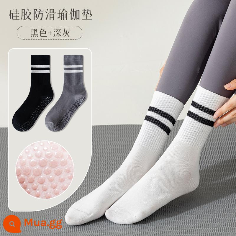 Tất Tập Yoga Nữ Giữa Ống Tất Cotton Thu Đông Thể Dục Khiêu Vũ Pilates Chuyên Nghiệp Chống Trơn Trượt Thể Thao Người Lớn Tầng tất - [2 đôi] đen + xám đậm