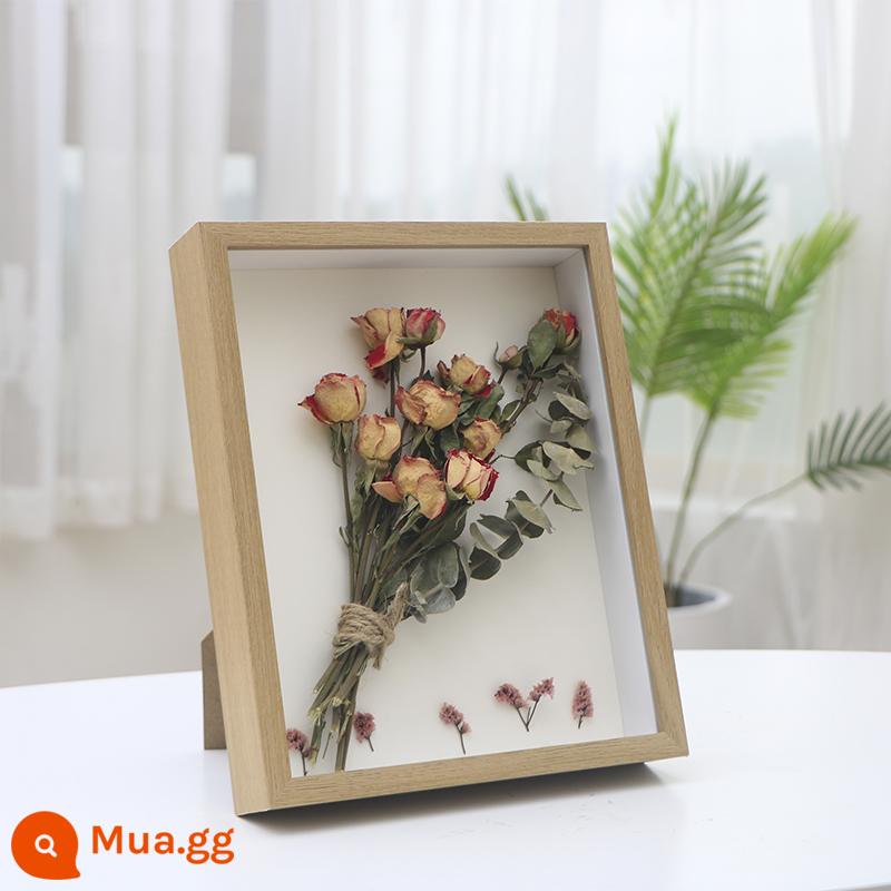 Khung ảnh hoa khô handmade tự làm hộp bảo quản hoa hồng khô rỗng ba chiều chất lượng cao khung hình gửi chất hút ẩm - Màu gỗ (rỗng 5cm kèm ruy băng, đèn và keo)