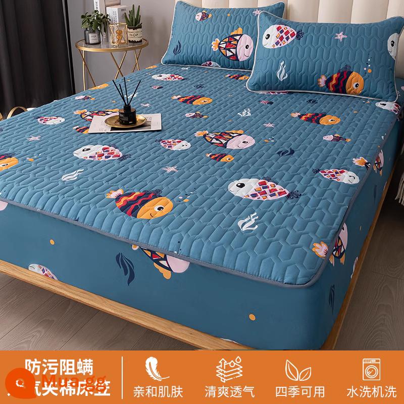 Ga trải giường chần bông trang bị đơn mảnh 2023 mới hợp thời trang cotton không nguyên chất bao gồm ga trải giường túi đệm giường bộ ga trải giường chống bụi - Happy Fish [Đệm cố định chống trượt toàn diện 360°]