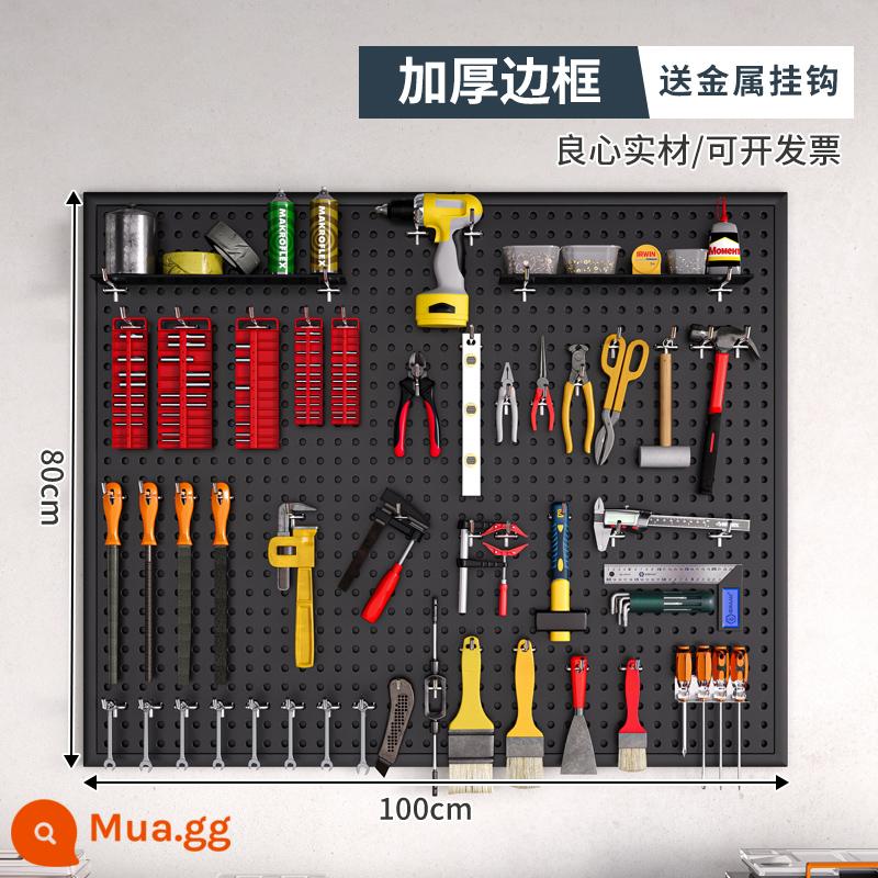 Dụng cụ tường lỗ lỗ bảng treo bảng lưu trữ lớp kệ tường có giá đựng đồ đục lỗ phần cứng thép không gỉ tổ chức giá - [Có khung, phiên bản dày] 100×80cm-đen★ Đi kèm 10 móc kim loại