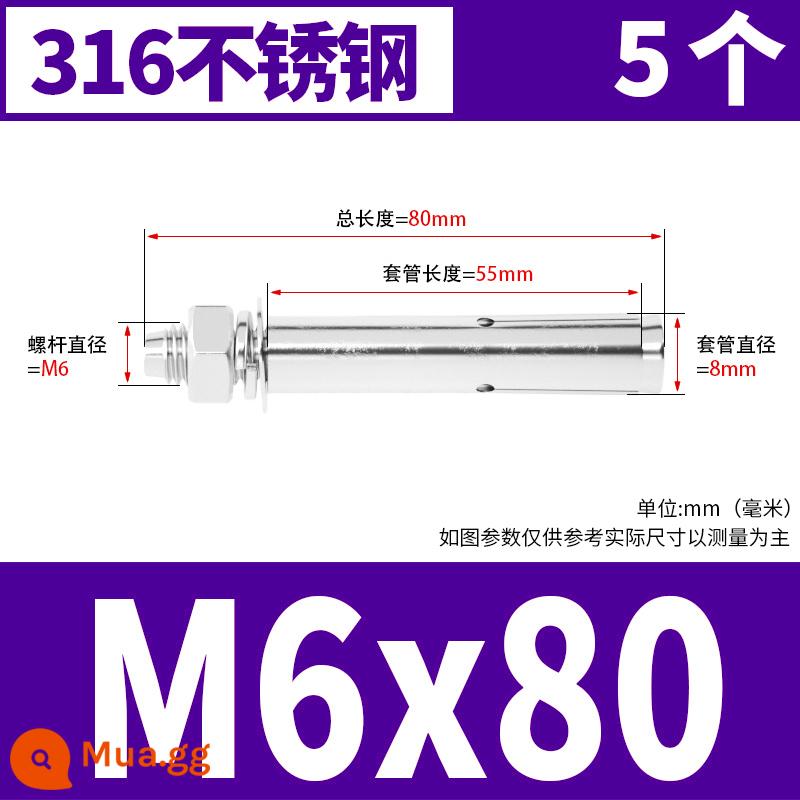 Vít mở rộng 6 mm vít mở rộng bên ngoài sắt mạ kẽm kéo vít nổ hoàn chỉnh ống mở rộng tiêu chuẩn quốc gia M8M10M12 - M6*80 (5 cái) chất liệu 316