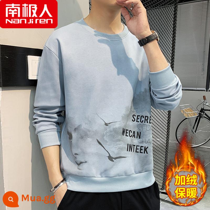 Nanjiren Áo Thun Dài Tay Nam Xuân Thu 2023 Mới Cotton Dày Dặn Áo Sơ Mi Nam Thu Đông Đáy Quần Áo - 2189 xanh [cộng với nhung]