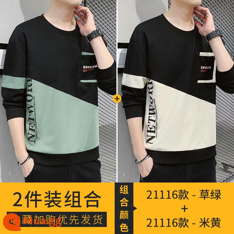 Nanjiren Áo Thun Dài Tay Nam Xuân Thu 2023 Mới Cotton Dày Dặn Áo Sơ Mi Nam Thu Đông Đáy Quần Áo - 21116 cỏ xanh + 21116 màu be