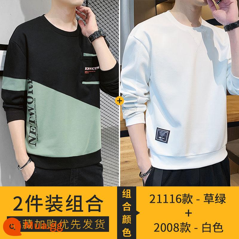 Nanjiren Áo Thun Dài Tay Nam Xuân Thu 2023 Mới Cotton Dày Dặn Áo Sơ Mi Nam Thu Đông Đáy Quần Áo - 21116 cỏ xanh + 2008 trắng