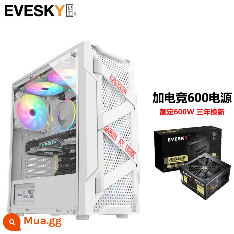 Tích lũy cho EVESKY Titan Pro máy tính để bàn toàn mặt trong suốt trò chơi làm mát bằng nước ATX bảng lớn ốp lưng chính - Bộ nguồn Titan Pro White + Gaming 600W