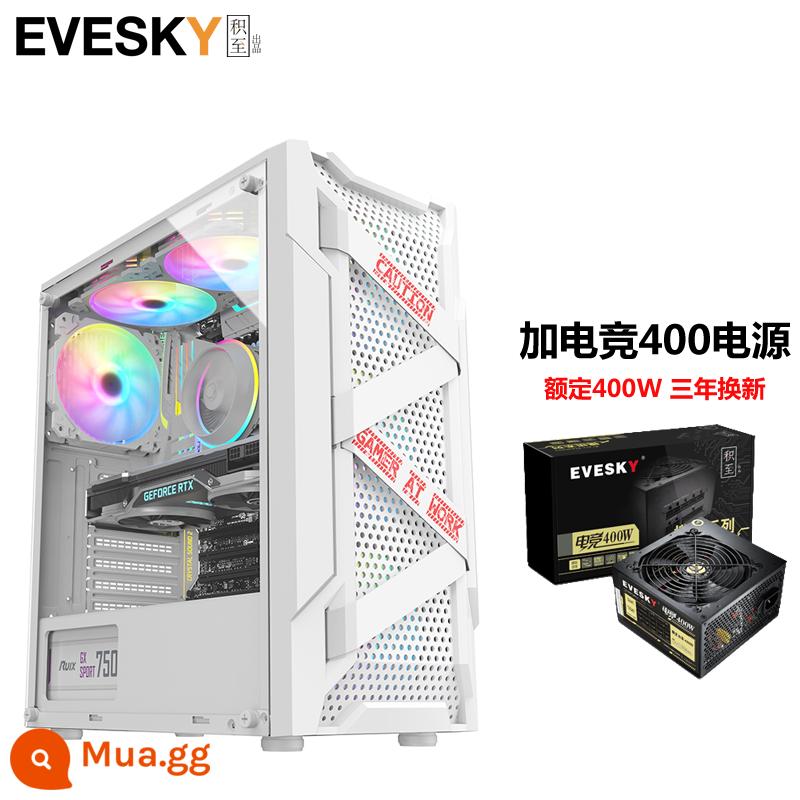 Tích lũy cho EVESKY Titan Pro máy tính để bàn toàn mặt trong suốt trò chơi làm mát bằng nước ATX bảng lớn ốp lưng chính - Bộ nguồn Titan Pro White + Gaming 400W