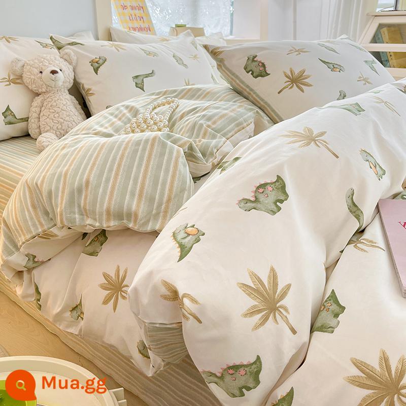 Nhỏ Tươi Giường Bộ 4 Cotton Nguyên Chất 100 Vỏ Chăn Ga Giường Ký Túc Xá Giường 3 Bộ 4 Vỏ Chăn Trẻ Em - khủng long nhỏ