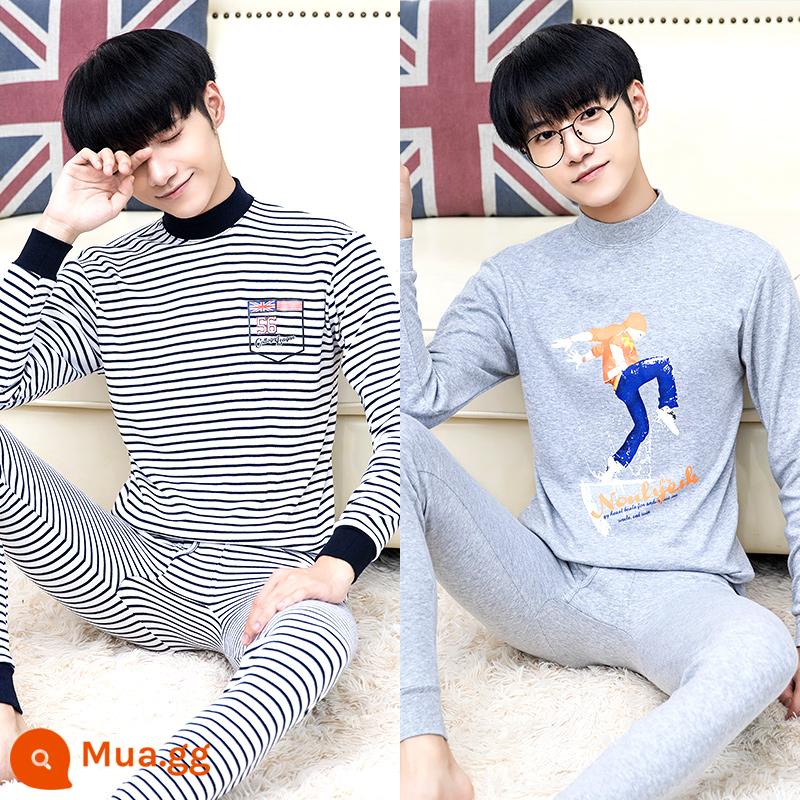 Thanh niên quần áo mùa thu quần vệ sinh phù hợp với cotton nguyên chất nam big boy trường trung học cơ sở học sinh trung học sưởi ấm quần áo cotton áo len cotton - C12) Sọc xanh navy + xám nước chơi (hai bộ cổ giữa)