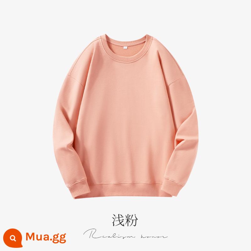 Cổ tròn cotton dày T tùy chỉnh in logo mùa thu đông dày công sở tùy chỉnh thêu bông nguyên chất thả vai tay dài đội quần áo - màu hồng nhạt