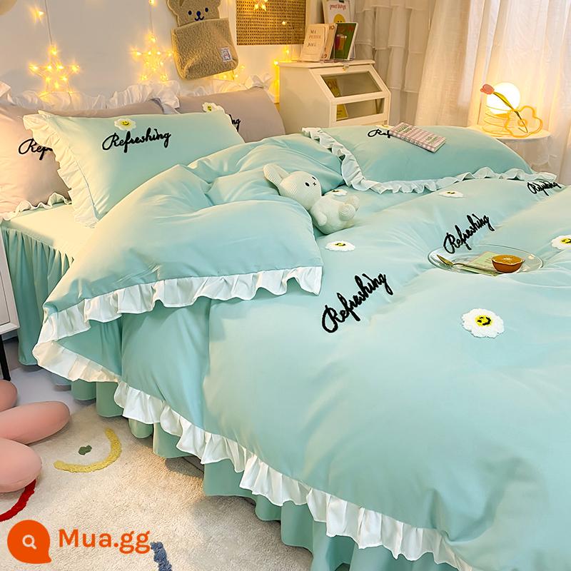 Bộ 4 món giường cotton đã giặt nhỏ màu xanh lá cây tươi mát nhẹ nhàng theo phong cách Hàn Quốc váy ngủ phong cách công chúa cổ tích bé gái tấm ga trải giường trái tim - Hướng dương-Jasper