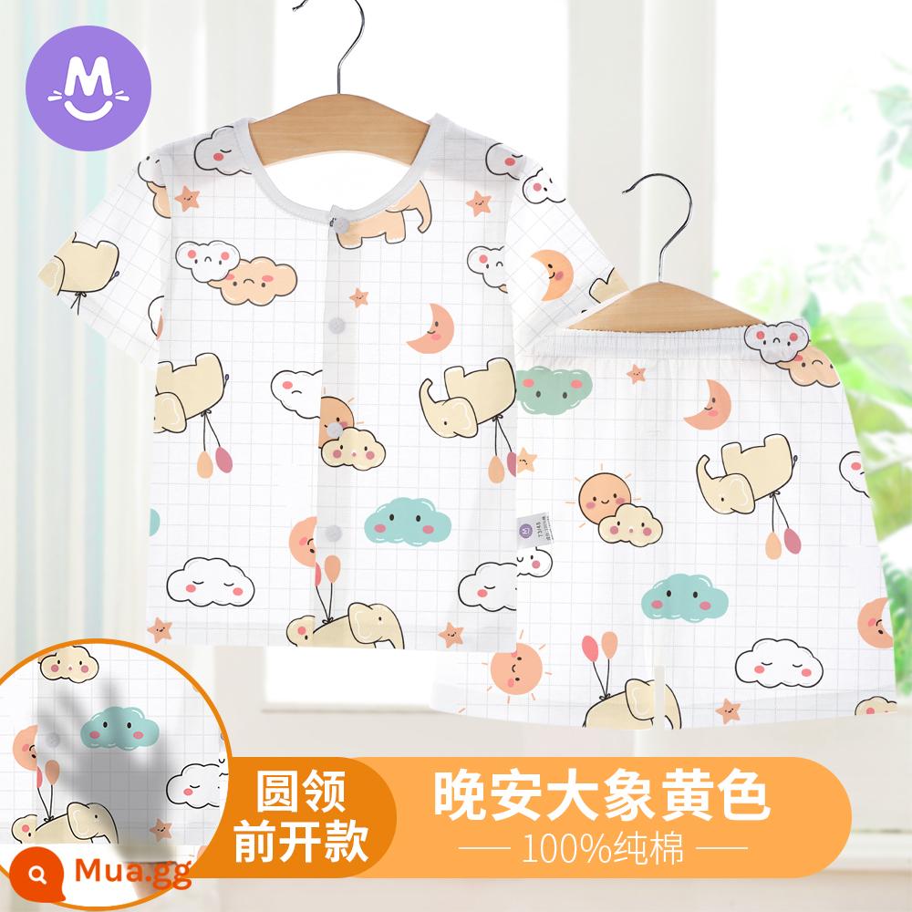 Bộ đồ ngủ ngắn tay mùa hè cho trẻ em Bộ quần áo điều hòa không khí cho bé gái cotton nguyên chất mỏng phần bé trai trẻ sơ sinh quần áo mùa hè dịch vụ tại nhà - [Mở trước]Voi màu vàng