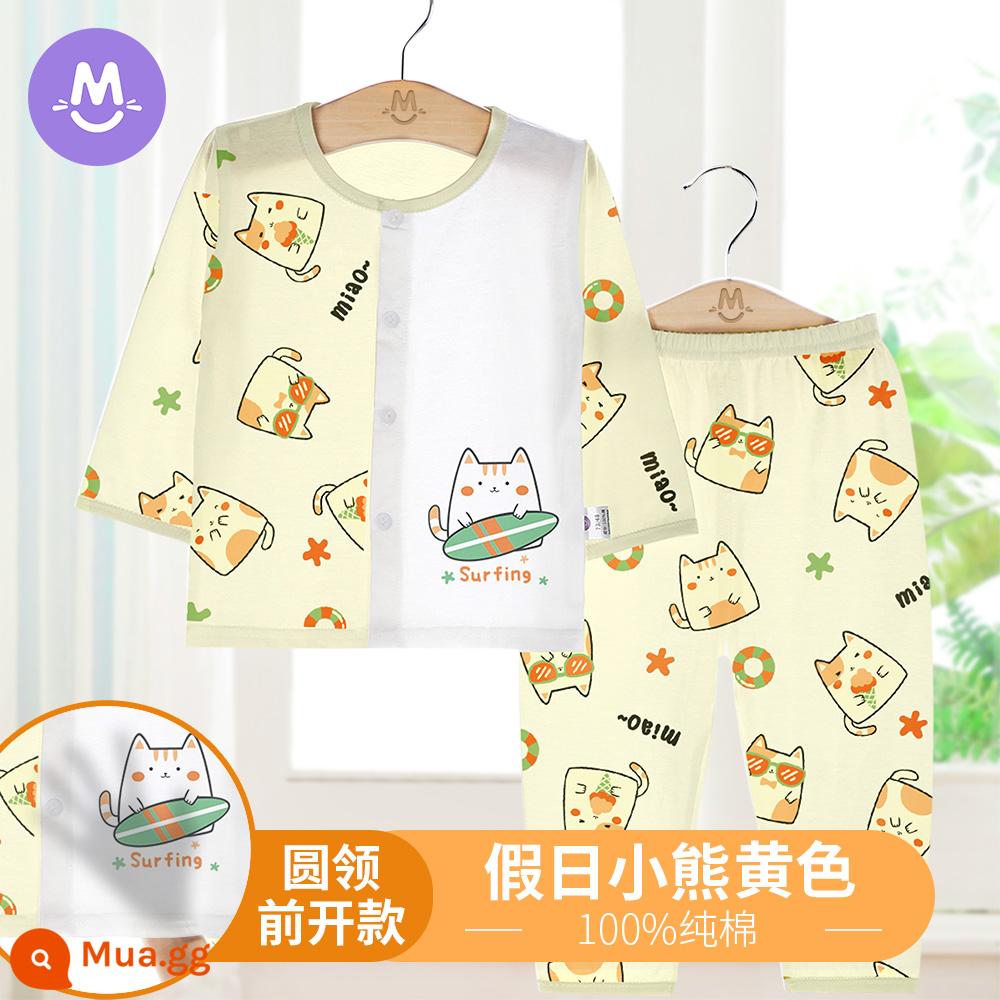 Bộ quần áo điều hòa không khí trong nhà cho bé cotton mỏng mùa hè Bộ đồ ngủ trẻ em dài tay phù hợp với bé trai và bé gái mùa xuân và mùa thu - [Mở trước] Mèo con màu vàng