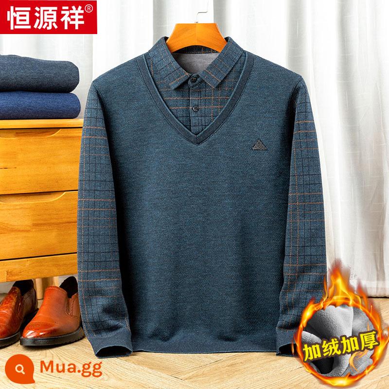 Hengyuanxiang áo len cashmere nguyên chất giả áo len hai mảnh nam trung niên len cổ áo sơ mi cộng với nhung dày đan ấm áo khoác - 8819 màu xanh lá cây