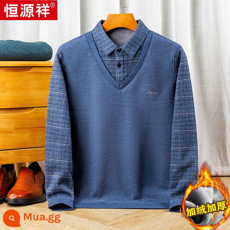 Hengyuanxiang áo len cashmere nguyên chất giả áo len hai mảnh nam trung niên len cổ áo sơ mi cộng với nhung dày đan ấm áo khoác - 8816 màu xanh