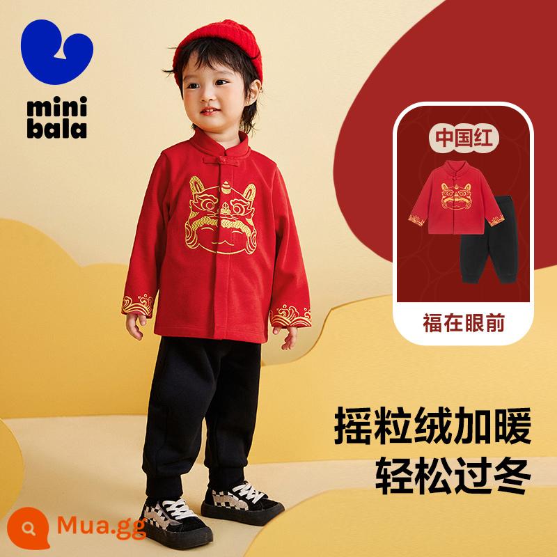 Bộ đồ trẻ em Mini Balabala dành cho nam và nữ bé cộng với quần áo Tết màu đỏ nhung Quần áo Tết của Trung Quốc cho năm con thỏ - Đỏ Trung Quốc 60611