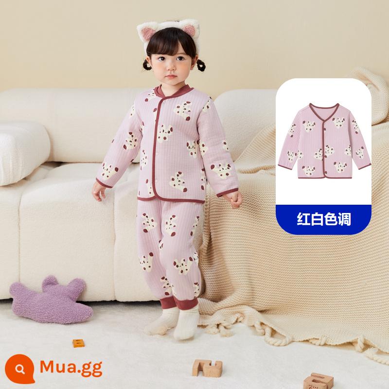 Mini Barabara Bé trai và Bé gái Homewear Áo khoác Baby Baby Ba lớp đệm thân thiện với làn da Ấm áp - Tông đỏ trắng 00361