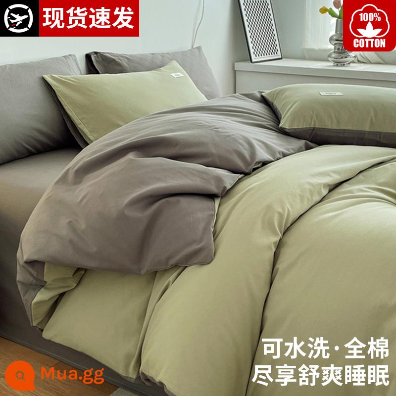 100% cotton nguyên chất Giường 100% cotton Bộ bốn món ga trải giường mùa thu đông Vỏ chăn ga trải giường ký túc xá Bộ ba món 2023 ga trải giường mới 4 - Xanh matcha + xám nhạt [nâng cấp 600T/100% cotton chải kỹ]