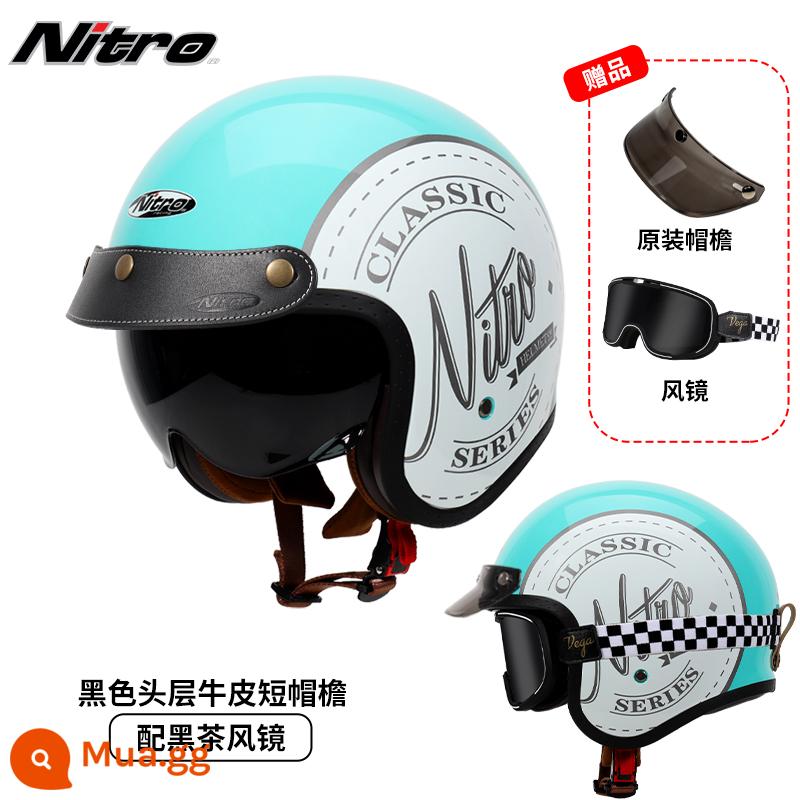 Anh Nitro Retro Harley Đầu Máy Mũ Nam Nữ Mùa Đông Chống Sương Mù Đầu Máy Mũ Bảo Hiểm Nửa Bluetooth Cá Tính Thoáng Mát chạy Bộ - Màu xanh Tiffany cổ điển (đi kèm kính trà đen kẻ sọc + vành mũ da đen)