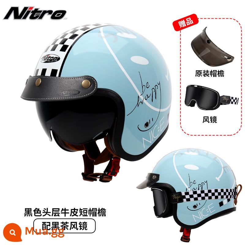 Anh Nitro Retro Harley Đầu Máy Mũ Nam Nữ Mùa Đông Chống Sương Mù Đầu Máy Mũ Bảo Hiểm Nửa Bluetooth Cá Tính Thoáng Mát chạy Bộ - Mặt cười xanh (đi kèm kính trà đen kẻ sọc + vành mũ da đen)