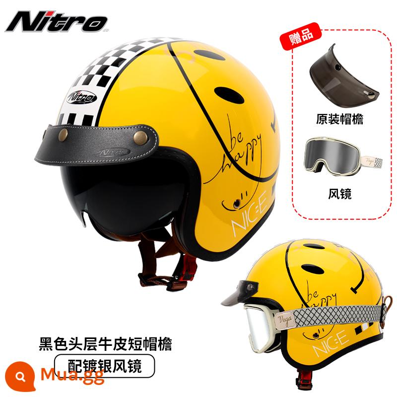 Anh Nitro Retro Harley Đầu Máy Mũ Nam Nữ Mùa Đông Chống Sương Mù Đầu Máy Mũ Bảo Hiểm Nửa Bluetooth Cá Tính Thoáng Mát chạy Bộ - Hoàng Mặt Cười (gửi kính trắng thắt lưng mạ bạc + vành mũ da đen)